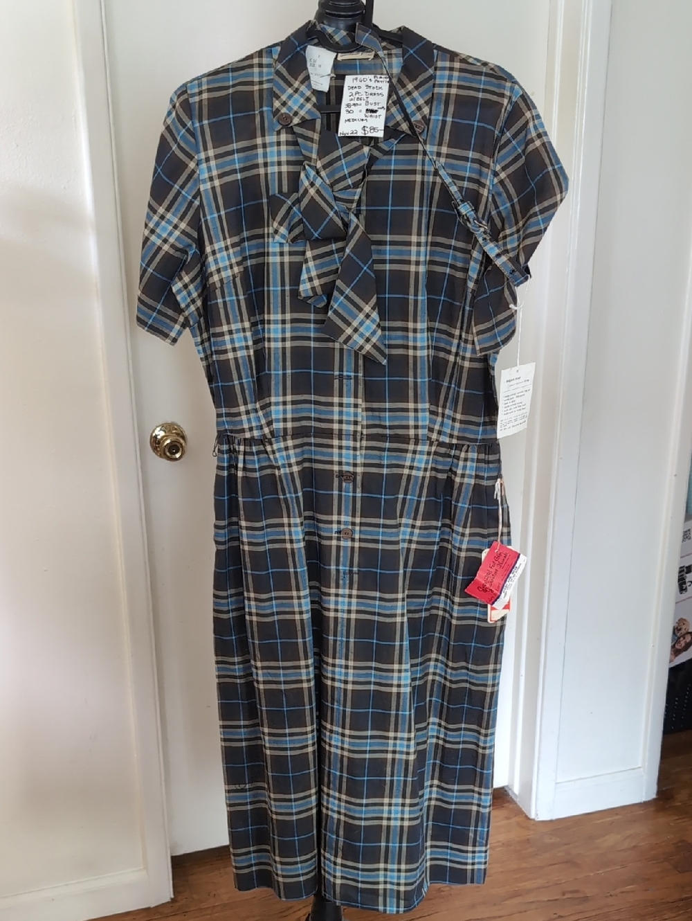 1960 Vintage Dead Stock Blue Plaid Pretty Tie-Neck Dress